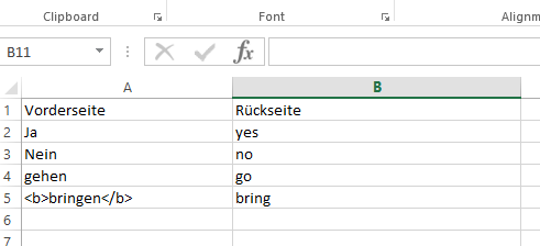 Excel format for the flashcard set Import